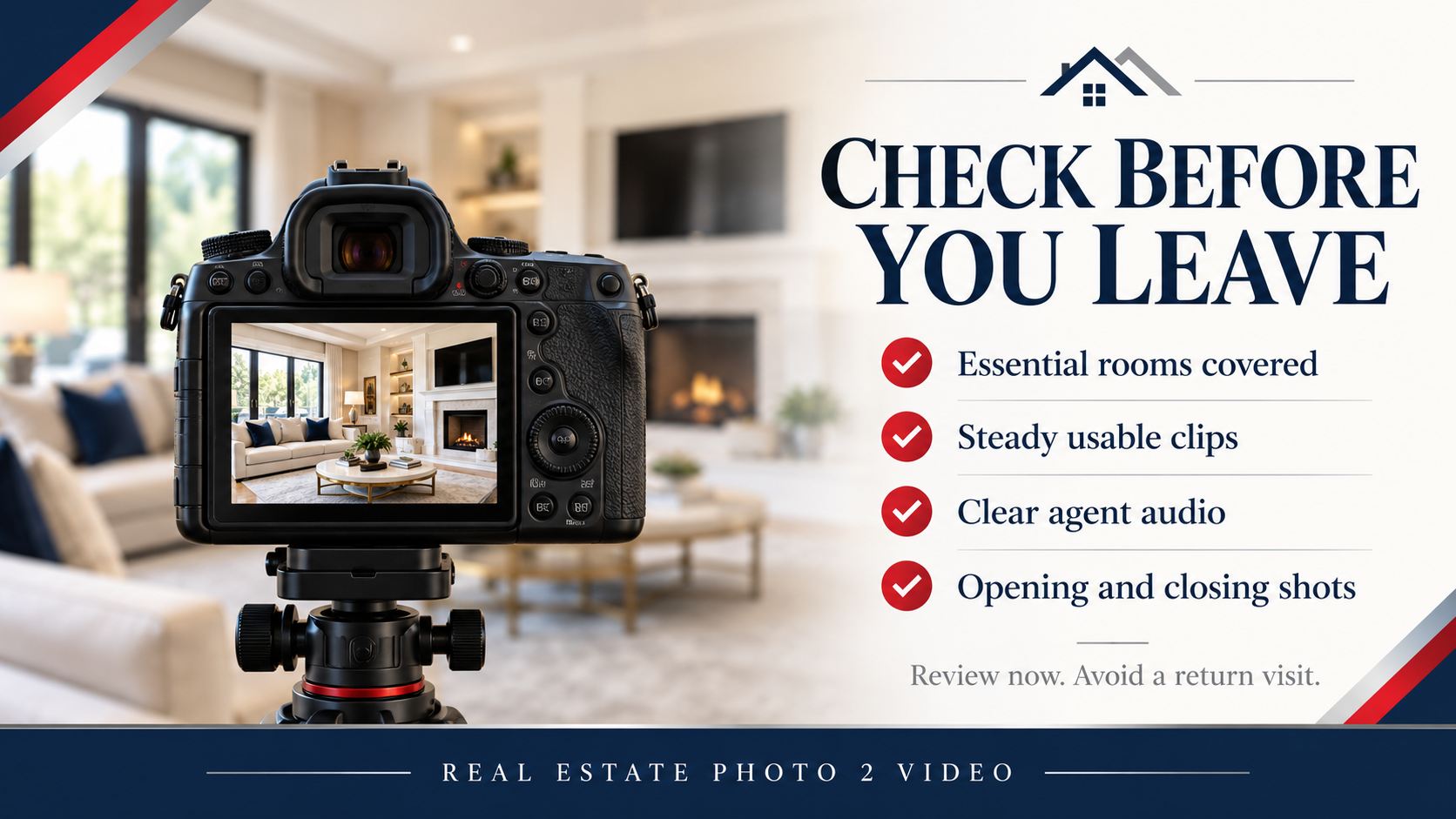 Real estate video review checklist covering essential rooms, steady clips, clear agent audio, and opening and closing shots